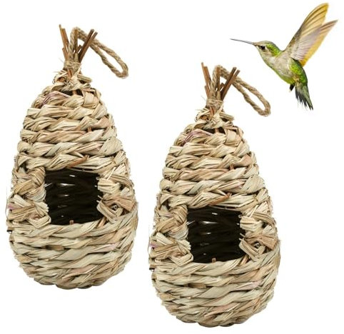 GERUI Pack of 2 Hand-Woven Reed Grass Bird Nests, Brown, 24 x 11 cm, For Hummingbirds, Indoor & Outdoor Use, Garden Decoration