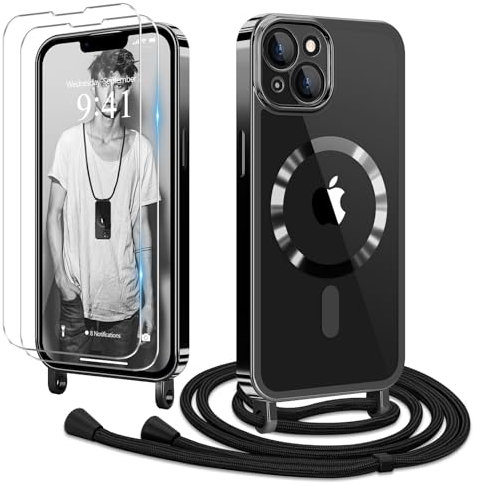 Ethanger Coque pour iPhone 14 Plus avec Cordon de Collier + 2×Verre Trempé, Coque Transparente Silicone TPU Bumper Etui Housse avec Cordon Réglable, Coque Magnétique pour iPhone 14 Plus Noir