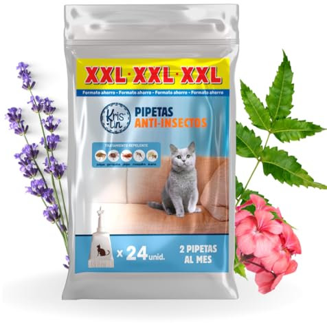 KRISLIN Pack de 24 Pipetas Repel para Gatos con Margosa, Geraniol Y Lavandino, contra pulgas, garrapatas e Insectos