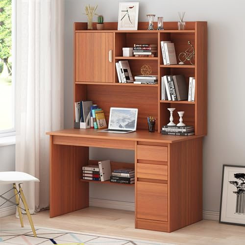 QTQHOME Wooden Computer Desk with Bookshelf and Hutch, Large Home Office Writing Desk with Drawer and Storage Shelf, Modern Laptop PC Desk,Space-Saving Workstation Desk for Living Room Bedroom