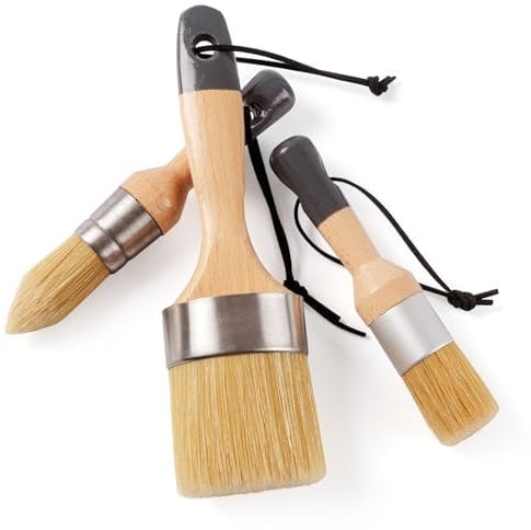 HANJKINZ Chalk Wax Paint Brush 3pcs Set Including 2 Small Round Chalk Paint Brushes for Furniture Painting and 1 Large Oval Chalk Brush, Natural Bristle Round Oval Chalk Paint Brush