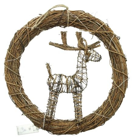 FRANK FLECHTWAREN LED-Kranz Rentier, Holz, Metall, Jute, 30 warmweiße LEDs, batteriebetrieben, An-/Aus-Schalter Maße: Ø 44 cm, ohne Batterien, nur für den Innenbereich geeignet