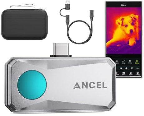 ANCEL Termocamera Professionale IR101 per Android/PC - Telecamera Termica 256x192 IR (-20°C~550°C) con 3 Misure Termiche, 11 Palette Colori e 0,24W per Elettrico/Industriale/Edile(Argento)