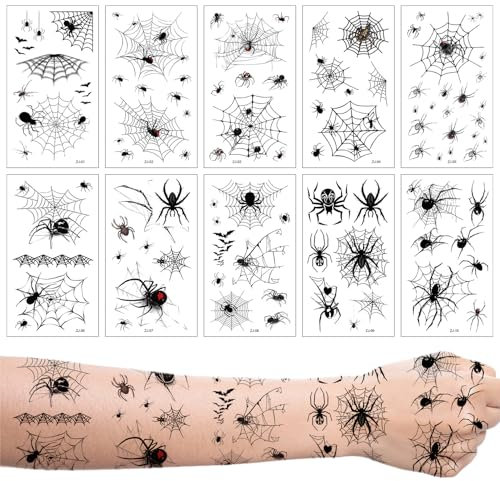 10 Blätt Halloween Tattoo Gesicht,Halloween Tattoo,Kinder Tattoos Spinnen,Spinne Sticker Damen,Hexe Make Up,Spinnennetz Gesichtstattoo Hexen,KostüM FüR Schminke (Spinne3)