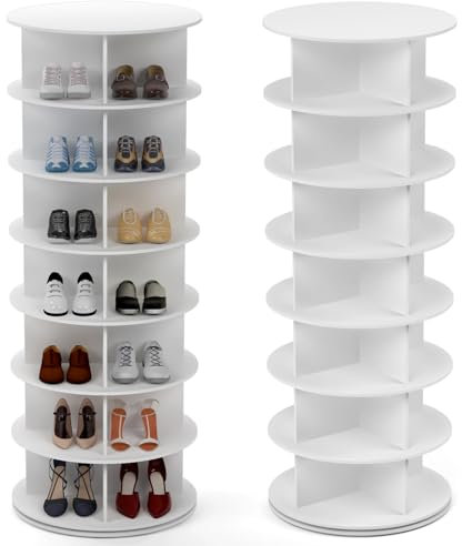 PTUWODS Drehbares Schuhschrank, 360-Grad-Schuhregal, Aufbewahrung, Rundes Karussell, Vertikale Handtasche, Schuhschrank-Organisation (Weiß, 7 Etage)