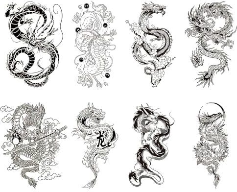 8 feuilles de tatouages temporaires noirs, pour hommes et femmes, tatouages adhésifs pour adultes, tatouages réalistes imperméables et durables pour la peau, le visage, le cou et le bras