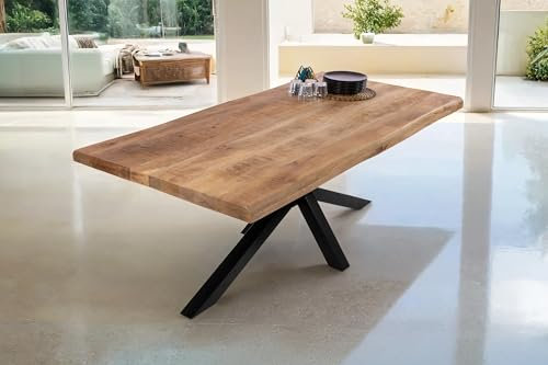 SAM Esstisch Cali | 180 x 90 cm | Mangoholz | Farbe: Natur/rau | Spider-Gestell Metall Schwarz | Massivholz mit echter Baumkante | pflegeleichter Baumkantentisch/Esszimmertisch