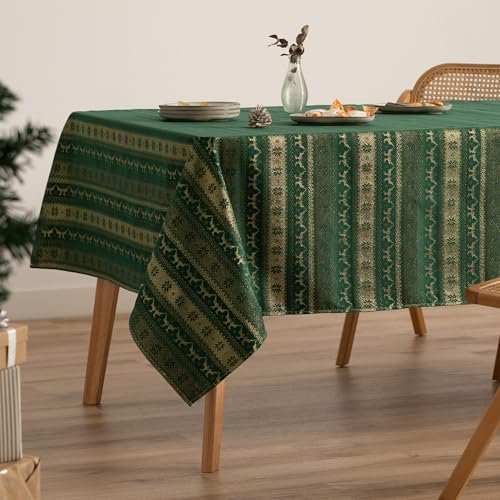 GAMUSI Tovaglia Natale Jacquard Filo Dorato Tavolo Sala da Pranzo Rettangolare Decorazione natalizia 140 x 240 cm Colore Verde
