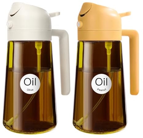 YARRAMATE Spruzzino Olio in Vetro Luce Blocco Scuro Verde per Friggitrice Aria 2 in 1 da 2, 470 ml Dosatore d'Oliva Bottiglia e Oliera Spray da Cucina, Nebulizzatore (Bianco e Arancione)