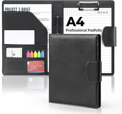 NOTEZMATE A4 Klemmbrett Schreibmappe Mit Magnetschluss,Ordner Klemmbrettmappe DIN A4 aus PU-Leder,Portfolio Padfolio mit Papier und Stift,Dokumentenmappe Schwarz für Bürobedarf Schule Business Arbeit