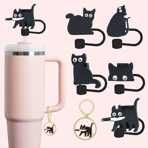 Black Cat Straw Topper, 10mm (0.4in) Cute Cat Straw Covers for Stanley Cup Accessories - Black Cat Accessories, Stuff, Things, Gifts for Women, Kids, Girls, Boys, Mom on Halloween, Birthday decoration