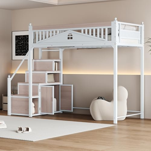 WIZBED Kinderbett Hochbett 90 x 200, Bettgestell Metallbett mit Treppe und Ablagefläche, Stockbett Funktionsbett für Kinder Jugendliche und Erwachsene, ohne Matratze