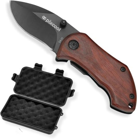 Pixcool | Navaja, Cuchillo Plegable de Acero Inoxidable Negro + Caja Waterproof | Navaja EDC con Clip de Bolsillo | Regalo para Hombre Padre