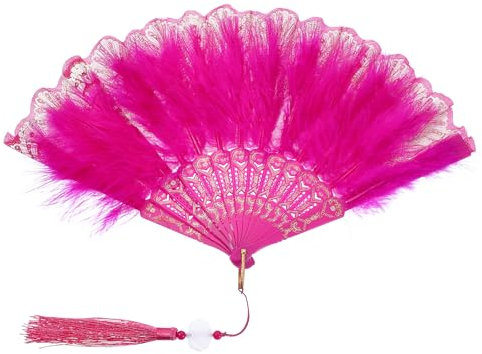PATIKIL Embroidered Flower Marabou Feather Fan, 1920s Vintage Folding Handheld Fan Chinese Flapper Hand Fan for Costume Party Dancing Wedding Show Tea Decoration, Rose Red