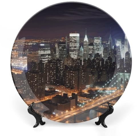 TKJMCSW Dekorativer Teller aus Knochenporzellan, Motiv: New York Nacht, dekorative Teller aus Porzellan, dekorative Teller für Ausstellung, Keramik-Dekoteller mit vertikalem Ständer, 15,2 cm