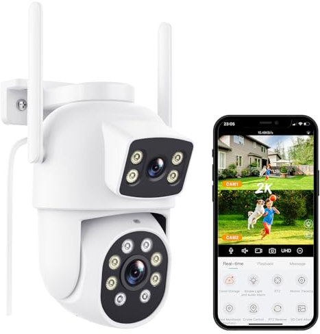 Reobiux Dual Lens Outdoor Security Camera, 2.5K/6MP PTZ Home Security WiFi Cameras, CCTV Camera with Auto Tracking, Human Detection, 30m Color Night Vision, Two-Way Audio, IP66, Works with Alexa
