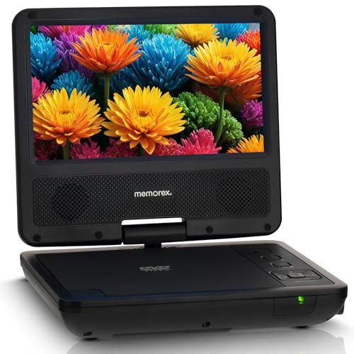 Memorex Lettore DVD portatile da 9,5 pollici con schermo girevole da 7 pollici, tempo di visione 4-6 ore, doppio altoparlante, telecomando, supporta sincronizzazione con TV, USB/SD/AV