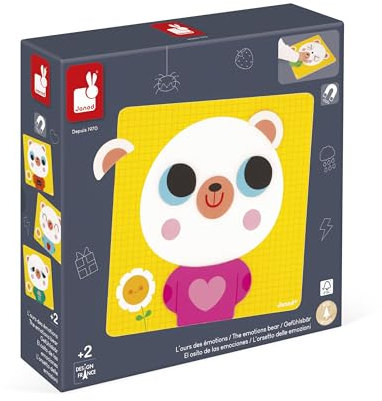 Janod - Spiel zum Lernen, Verwalten und Erkennen von Emotionen - 7 Lernkarten - 1 magnetisches Spielbrett - 30 Magneten - Magnetisches Lernspielzeug aus Holz - Ab 2 Jahre - J05447