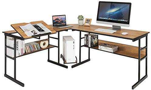 COSTWAY Bureau d'angle 170 x 150 cm, Bureau en L avec Plateau Inclinable, Étagère de Rangement et Support UC, Poste de Travail Ergonomique pour Bureau, Studio, Noyer