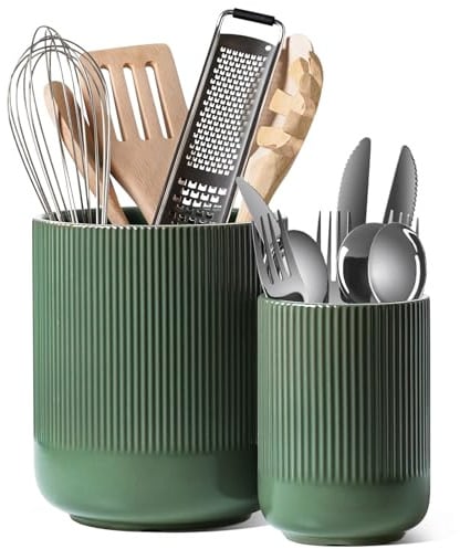 LE TAUCI Utensil Holder, 18.5+14cm Ceramic Kitchen Utensils Holder, Large Cooking Utensil Pots for Kitchen Counter, Morden Utensil Organizer for Spatula, Set of 2, Forest Green