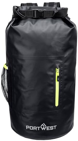 Portwest B965 PW3 Dry Bag Rucksack, wasserdicht, PVC, 30 l, Roll-Top, verstärkter Boden, reflektierender Rand, ergonomisch gepolsterte Riemen, Handytasche, Netzhalter