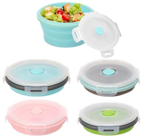 BAODBF Juego de 5 cajas plegables de silicona para camping, recipiente portátil plegable, 350 ml, con tapa, juego de recipientes de silicona plegables con tapa para camping, escuela, exterior