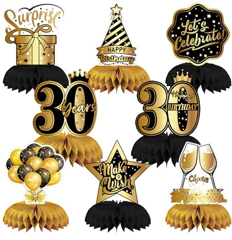 30. Geburtstag Deko Schwarz Gold, 8er Set Tischdeko, Bienenwabe | 8 Bienenwaben Tischaufsteller, elegante Schwarz-Gold Deko, Papier Dekoration für Geburtstagsparty, Happy Birthday Design
