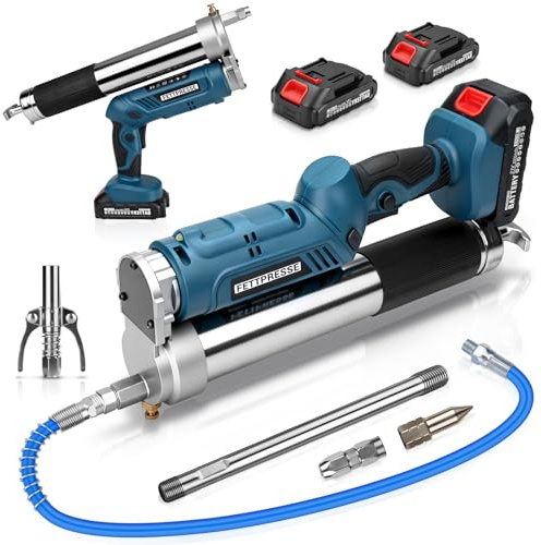 12000PSI Akku-Fettpresse mit 2 * 2.0Ah Batterien und Ladegerät | Elektrische Fettpresse inkl. 100cm Hochdruckschlauch, 3 Mundstück, Bürstenlosem Motor und LED-Leuchte
