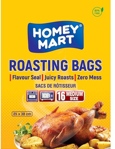 HOMEY MART Premium Roasting Bags, Flavour-Seal for Chicken, Turkey, Meat, Fish & Vegetables, Oven & Microwave Safe up to 400° F, BPA-Free, Medium Size 25cm x 38cm, 16 -Pack with Ties
