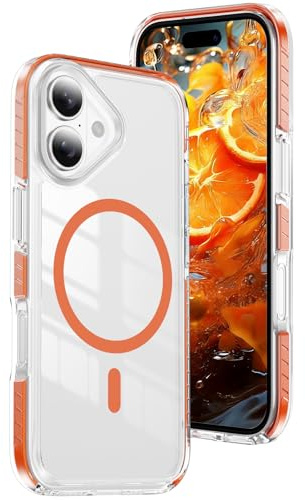 IMEIKONST Coque Magnétique pour iPhone 16 Plus Transparent Orange CHTM | Compatible avec MagSafe, Étui Aimantée Anti-Jaune Anti Rayures, Dos PC et TPU Mince Housse, Protection Antichoc Militaire