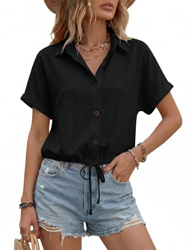 Enmain Camicia Lino Donna Nera Estiva Manica Corta Camicetta Corta Scollo a V in Cotone Bluse Casual Leggera con Lacci Elegante Camicie Donna per Estate Spiaggia S