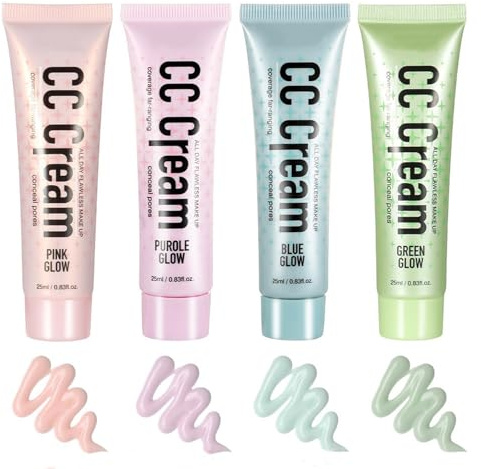 Set di 4 colori con fondotinta crema CC idratante rosa, viola, verde e blu, incluso primer per trucco versatile e correttore colore, fondotinta viso a lunga durata per tutte le occasioni