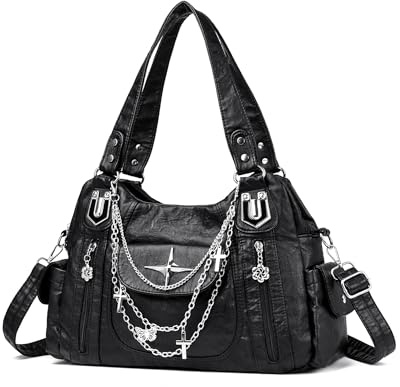 Makukke Y2K Gothic Damen Handtasche, Vintage Punk Umhängetasche Schultertasche mit Ketten, Stilvolle Multi-Taschen Tote Bag für Alltag & Uni