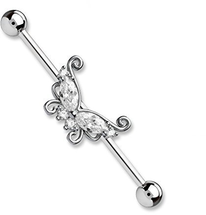 Tapsi´s Coolbodyart® Industrial Barbell Piercing Stab Edelstahl Chirurgenstahl 316L 38mm Zirkonia,Schmetterling Klar