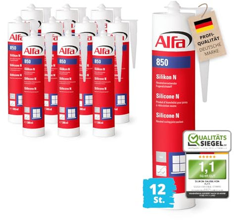 12x Alfa Silikon Steingrau Bausilikon zum Kleben und Abdichten Fugendichtstoff UV- und witterungsbeständiger Qualitäts-Dichtstoff
