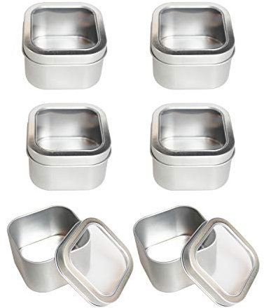 LJY Empty 8-Ounce Capacity Square Silver Metal Tins with Clear Window for Candle Making, Candies, Gifts & Treasures (6 Pack)