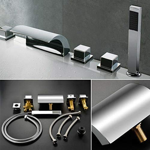 5 Loch Wasserfall Wannenarmatur 1/2 Messing Badewanne Wasserhahn für Wasserfall 5 Löcher + DE Duschkopf Wannenrand Armatur Badewannen Hahn Chrom