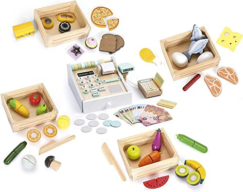 Leomark Holzspielset - 5 in 1 - EIN Set mit Lebensmitteln für Kinder mit Klett-Verbindung (Obst Gemüse), Kinderküche, Kaufladen + Holz Registrierkasse mit Zubehör