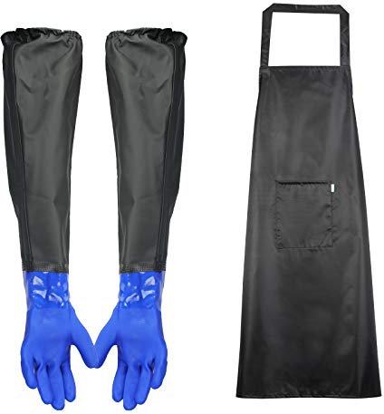 HAKOTOM 2TLG Teichhandschuhe Lange Wasserdichte Sandstrahlhandschuhe Gummi Teichpflege Handschuhe Chemie Arbeitshandschuhe 66cm mit PVC Schürzen für Aquarium Garten Teichpflege