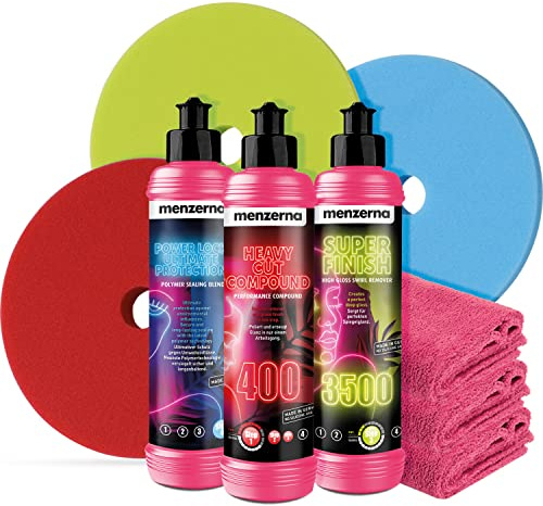 detailmate Auto Politur Bundle Lady Trio Deluxe | Menzerna Lady Line - Heavy Cut Compound 400 250ml + Super Finish 3500 250ml + Power Lock Ultimate Protection 250ml + 3X menzerna Polierpad + 3X Tuch