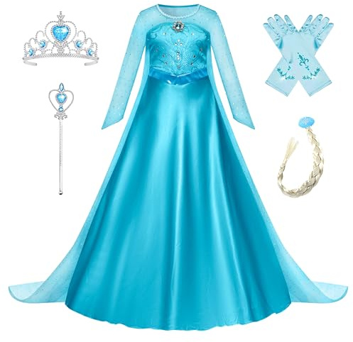New front Elsa Mädchen Kostüm Kinder Kleid Blau Kleid mit Zubehöre für Verkleidung Geburtstagsfeiern Halloween Cosplay Geburtstagsfeiern Fasching Weihnachten Geschenk Alltag, Blau, 100