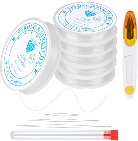 Svalor 6X Spule 0.4mm-1.0mm Elastisch Schmuckfaden Gummifaden, Transparent Faden Reißfest Angelschnur mit Perlennadel und Schere Für Perlenschmuck Armbänder(66m, Größen)