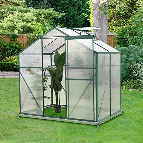 4*6FT Walk-In Polycarbonate Greenhouse with Window and Sliding Door Plant Grow Galvanized Aluminium Growhouse Free Base (4FT*6FT)