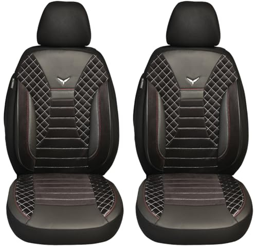BREMER SITZBEZÜGE Maß Auto Schonbezüge kompatibel mit VW Grand California Fahrer & Beifahrer Set ab 2019 / Auto Schonbezug Velour Kunstleder Set 2er Pack in Schwarz/Weiße Naht (PS808)