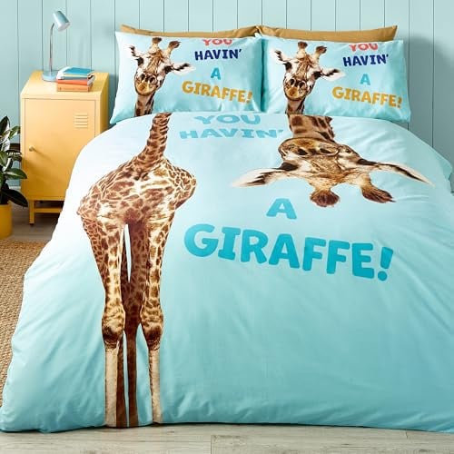 Catherine Lansfield Kids Havin A Giraffe Reversible King Duvet Cover Set with Pillowcases Aqua Blue
