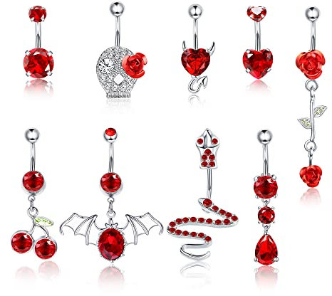 Kakonia 9Pcs Piercing Nombril Acier Chirurgical pour Femme 14G Nombril Anneaux Mignon Serpent Diable Coeur Fleur Dangle Percing au Nombril