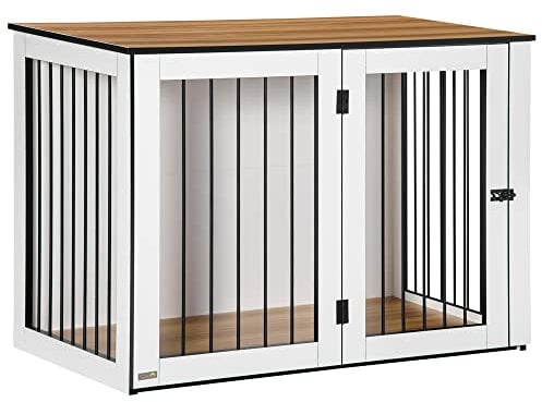 PawHut Hundekäfig Möbel mit Türen Fenster Moderne Stahl Hundebox für Zuhause Indoor Hundehütte für große Hunde bis zu 30 kg Hundehaus 106 x 60 x 76 cm, Eiche+Weiß