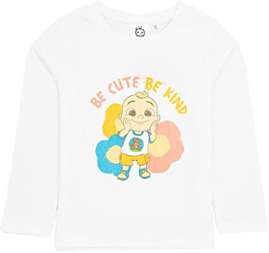 CoComelon Girls T-Shirt in White | Be Cute Be Kind with JJ Top for Kids | Long Sleeve Graphic Tee Clothing for Toddlers | Little Girl Cute Crewneck T Shirt | Cartoon Learning Merchandise Gift
