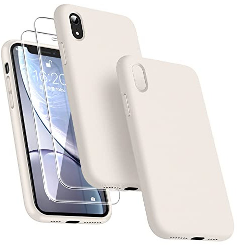 Dssairo [3-in-1 für iPhone XR Hülle, Silikon Hülle für iPhone XR mit 2 Stück Displayschutzfolien, Handyhülle Flüssigsilikon, dünn, stoßfest, Schutzhülle 6,1 Zoll Mikrofaserfutter (Stein)