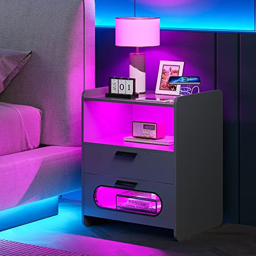 Lvifur Nachttisch RGB Led Licht,Nachttische mit 2 Schublade,Smart Nachttisch Menschliche Sensorfunktion,Nachtschrank 20 Farblicht dimmbar mit Kabelloses Laden,Hochglanz Nachtkommode mit USB Laden